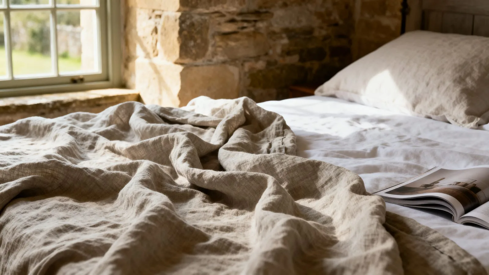 AI-generated lookbook still for Larchmont ... Linen bedding & ceramics, Cotswolds, Casa Selvedge concept brand