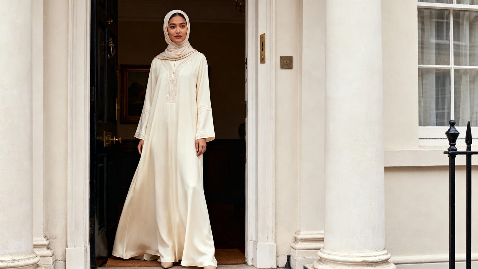 AI-generated stills for Noor & Veil — Modest noor-1, Casa Selvedge production