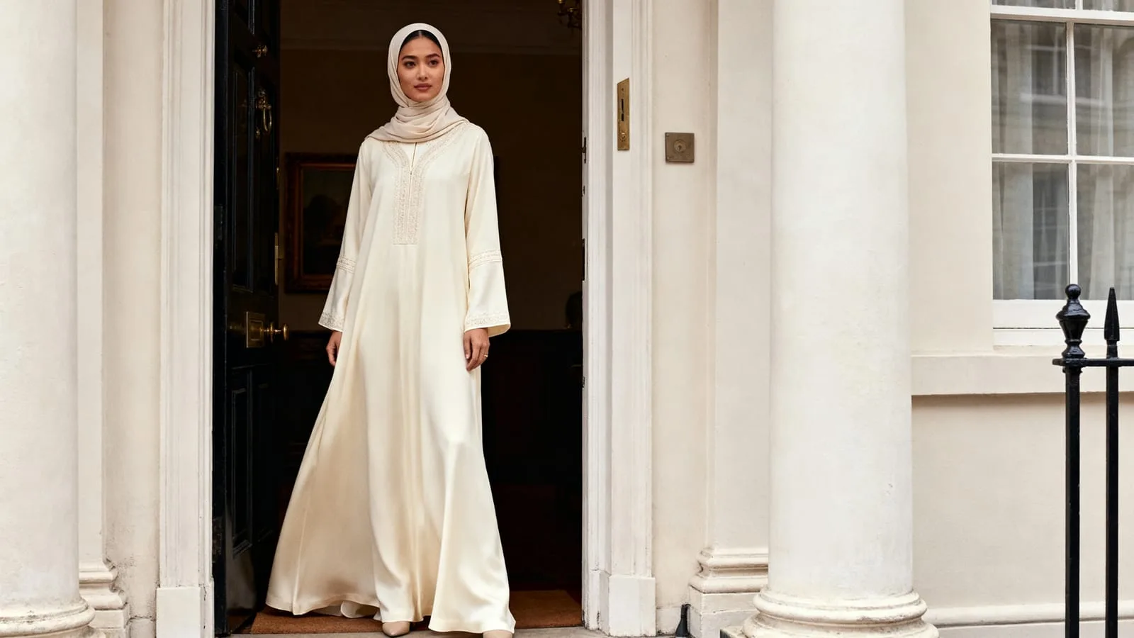 AI-generated lookbook still for Noor & Veil ... Modest fashion, London, Casa Selvedge concept brand
